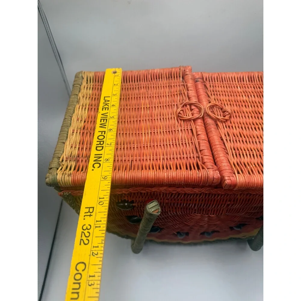 Vintage Wicker Watermelon Picnic Basket Fruit Print Lining Summer Tote Bag