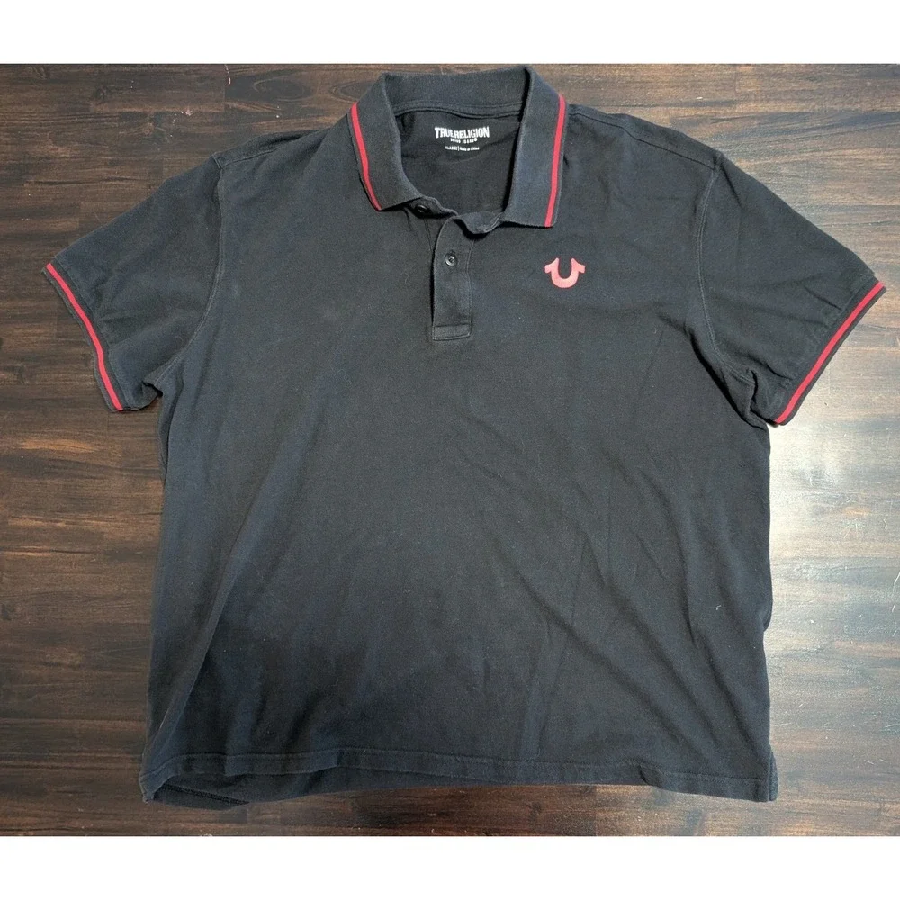 Lot of 2 True Religion Men's Polo Shirts XL Black Red Contrast Stitch Graphic