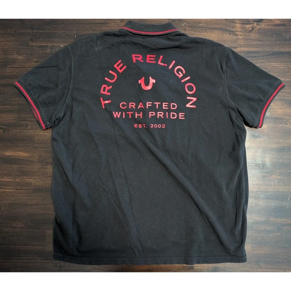 Lot of 2 True Religion Men's Polo Shirts XL Black Red Contrast Stitch Graphic