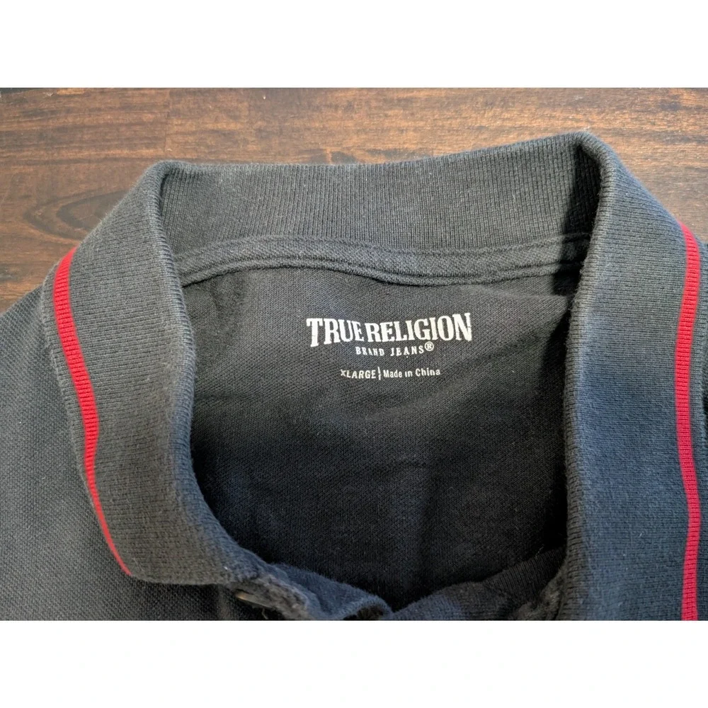 Lot of 2 True Religion Men's Polo Shirts XL Black Red Contrast Stitch Graphic