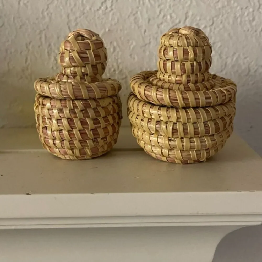 Set 2 Mini Sweetgrass Basket with Lids, Charleston South Carolina, 2.5