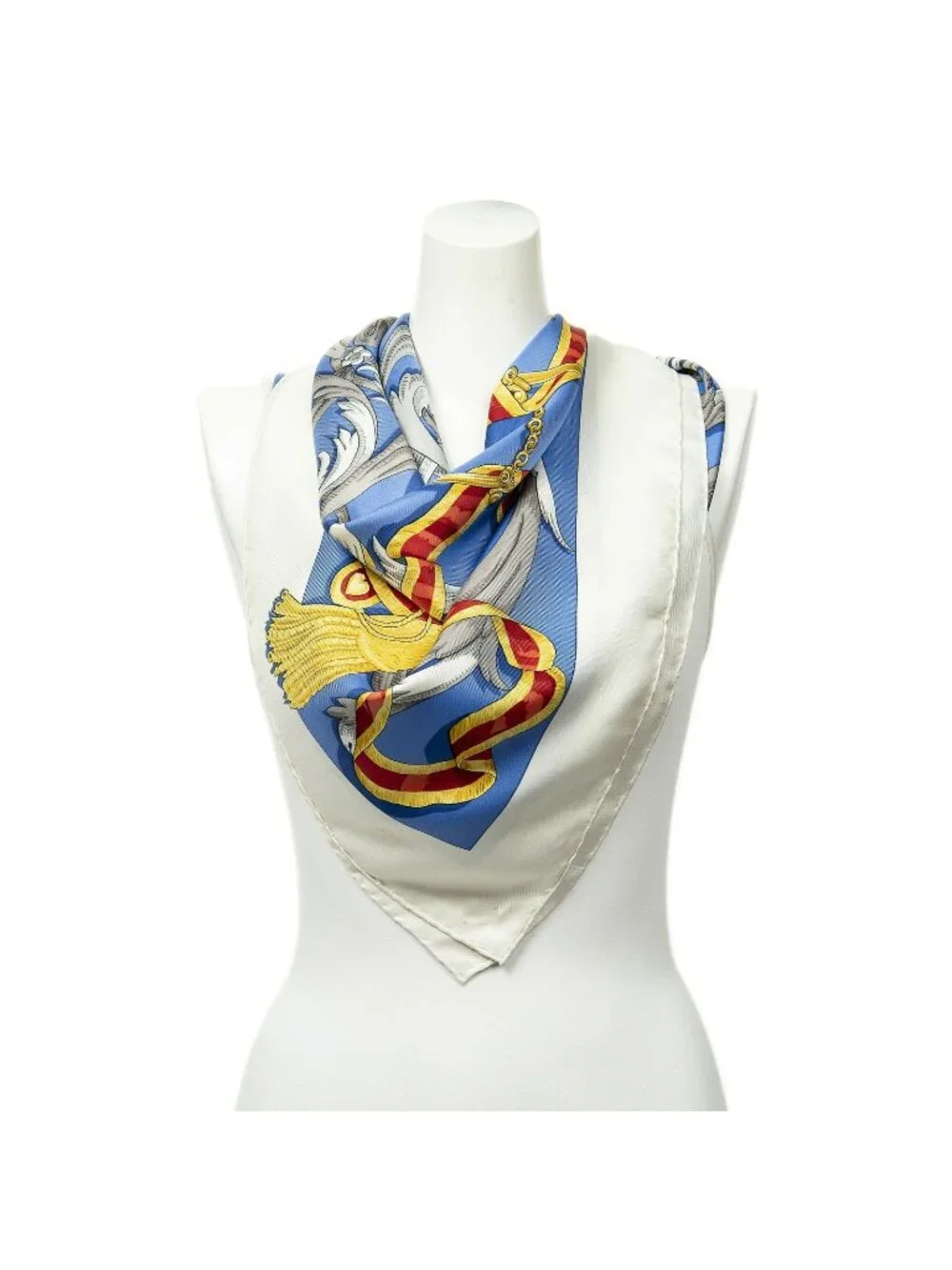 Hermes Scarf Blue Ivory Gold Silk
