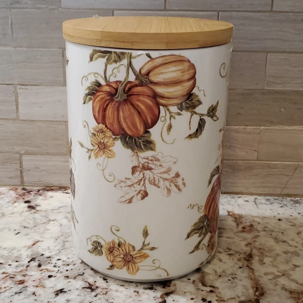 Porcelain Fall Pumpkin Wooden Lid Jar