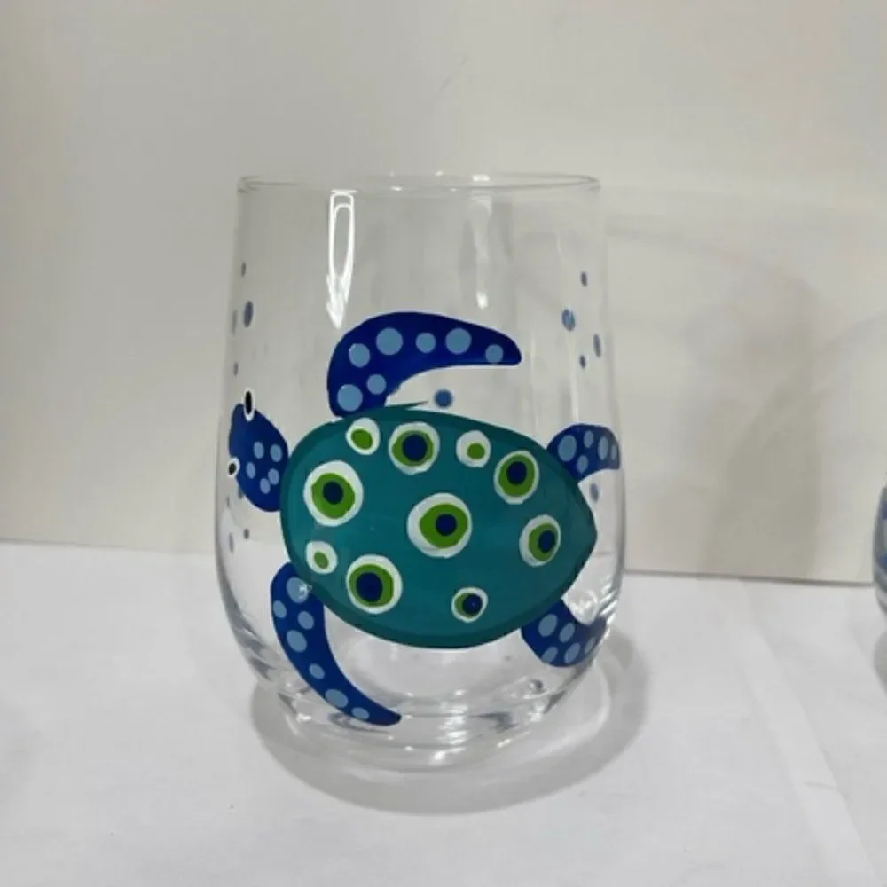 2 Stemless Wine Glasses Turtle - Blue December Diamonds New NWT Excellent - New