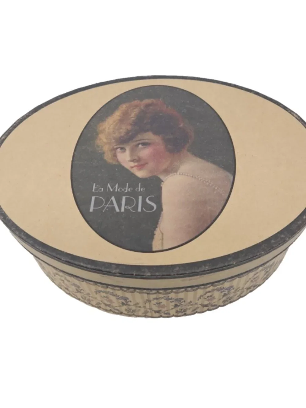 Vintage Lidded Wallpaper Hat Box La Mode de Paris Flapper Girl Millinery Rooms