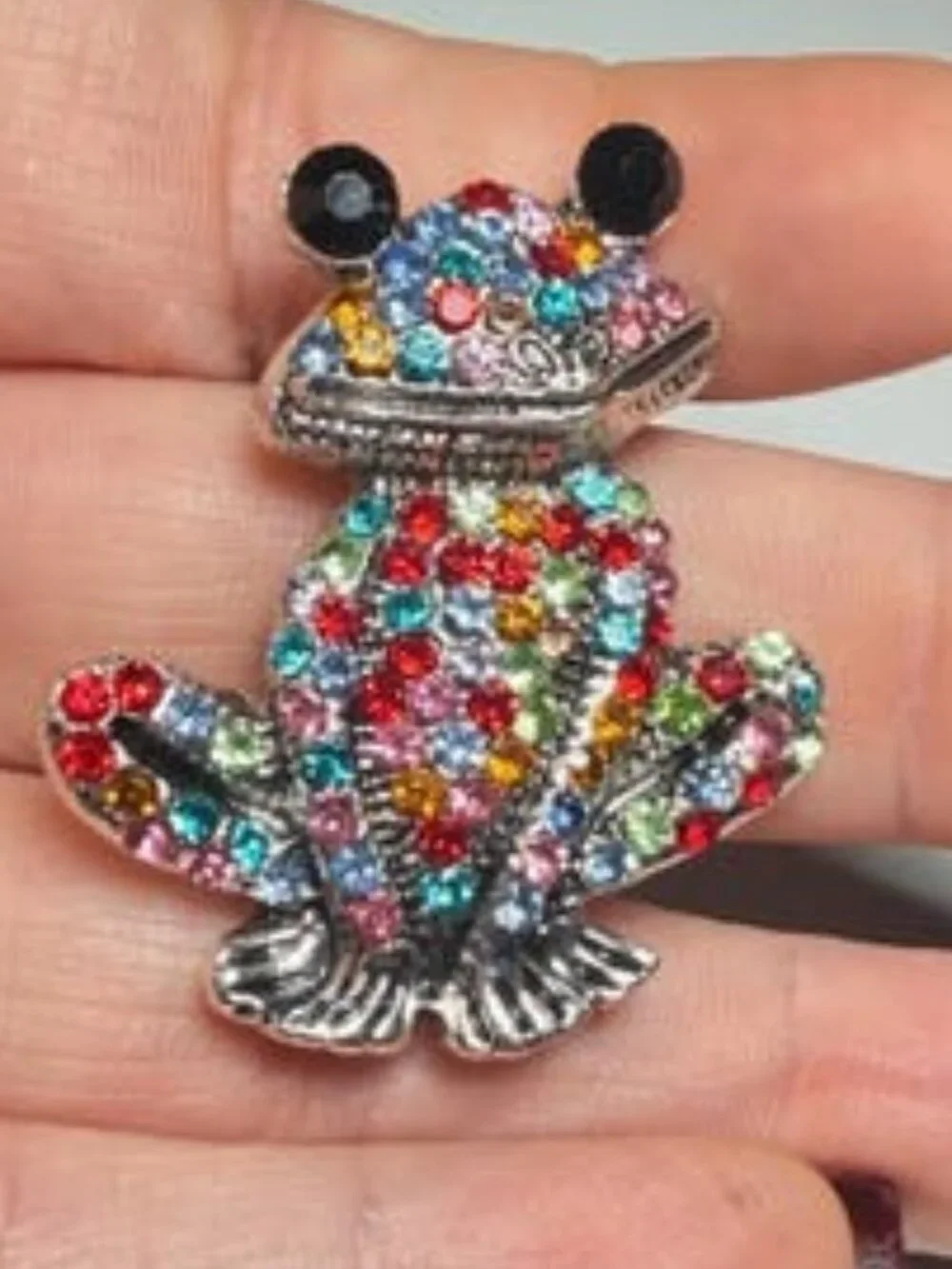Colorful Rhinestone Frog Brooch Silver Tone Animal Pin