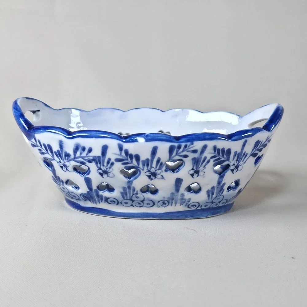 Vintage Delft Style Blue White Ceramic Basket Windmill Punched Hearts Hand Paint