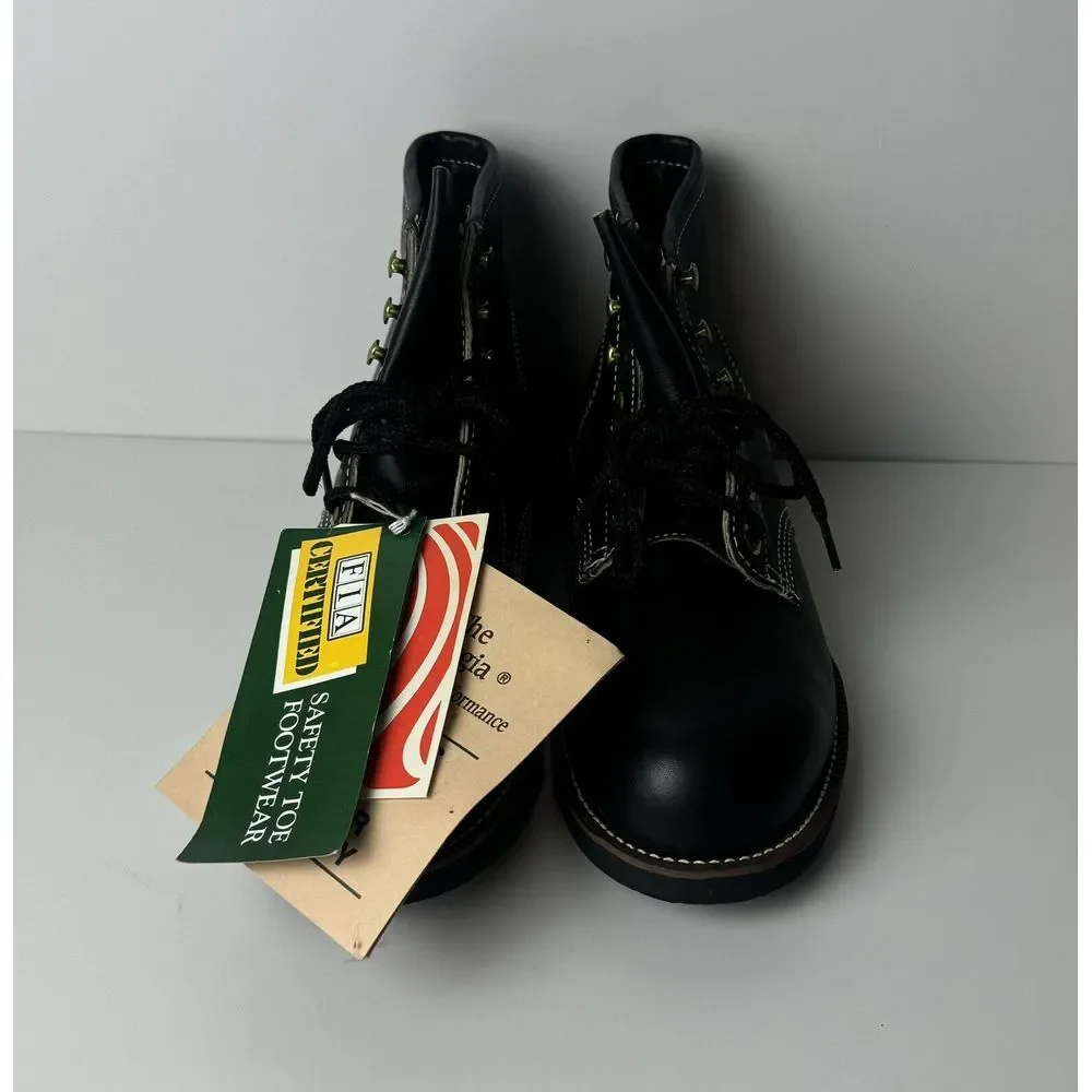 VTG Georgia Black Leather Ankle SAFETY TOE Boots Size 6.5 R ANSI Z41 Oil‎ Res