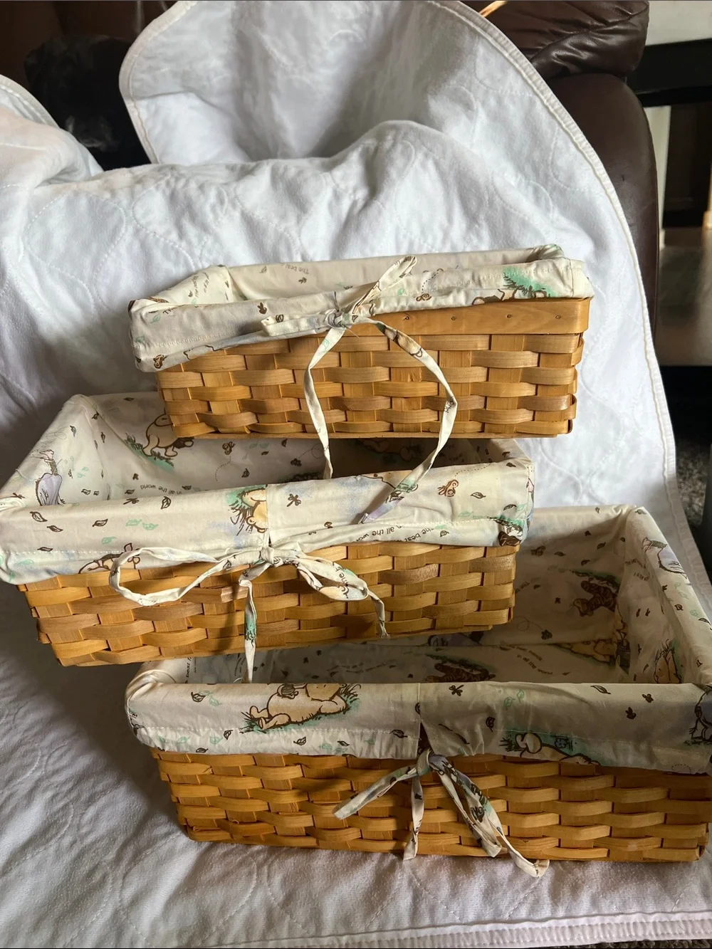 Natural Woven Rectangular Storage Baskets with Classic Pooh Liners (Set of 3)