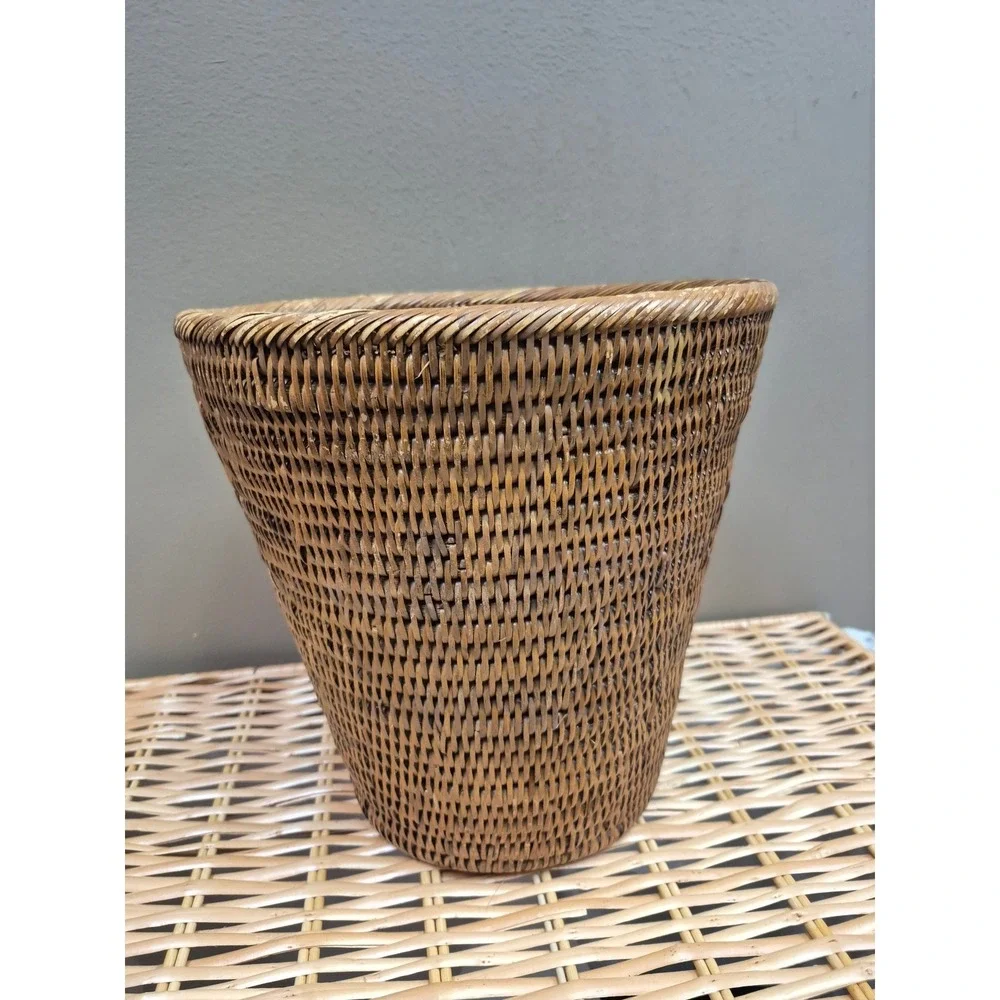 Vintage Handwoven Rattan Wicker Wastebasket 11