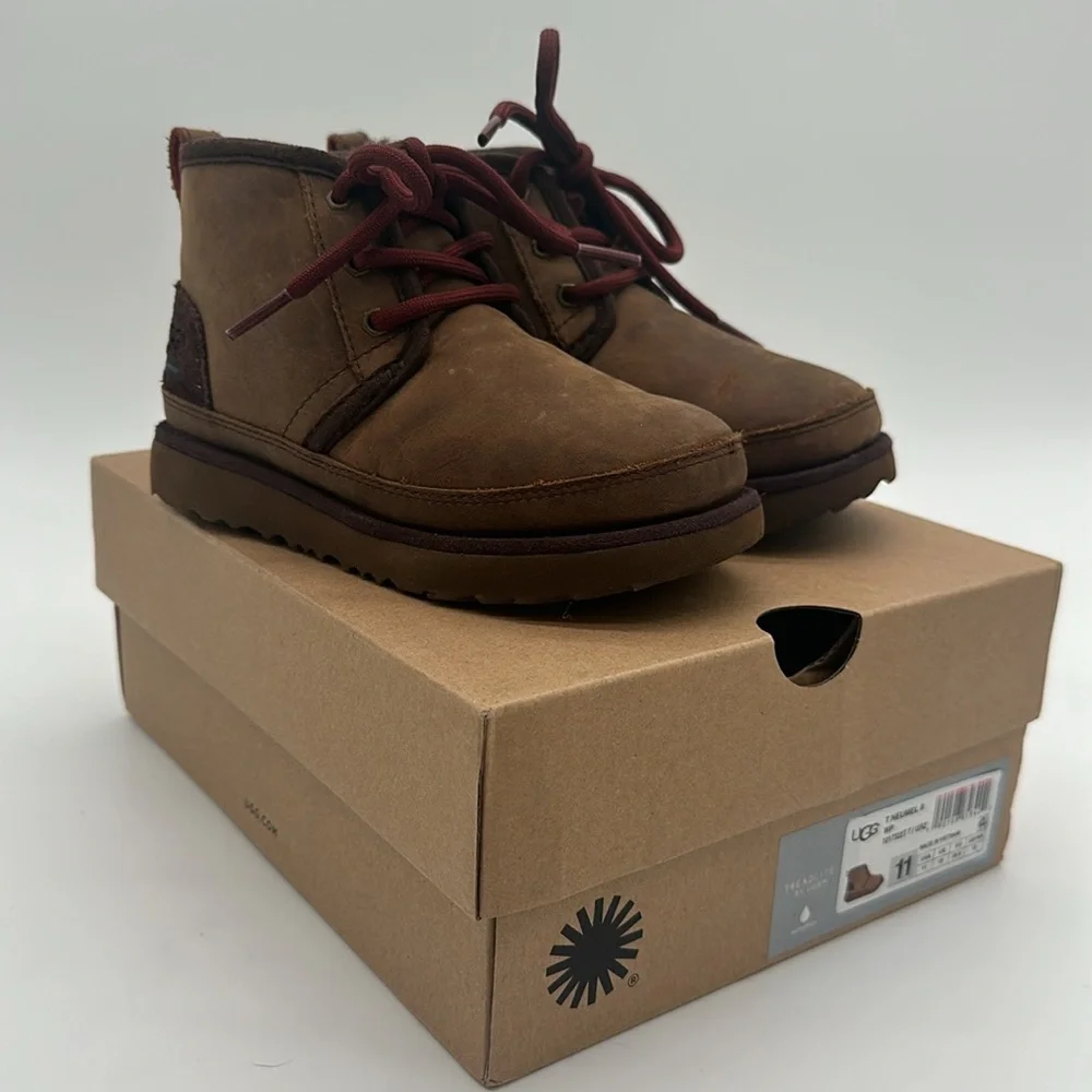 UGG Kids Brown Lace-Up Waterproof Boots with Burgundy Laces