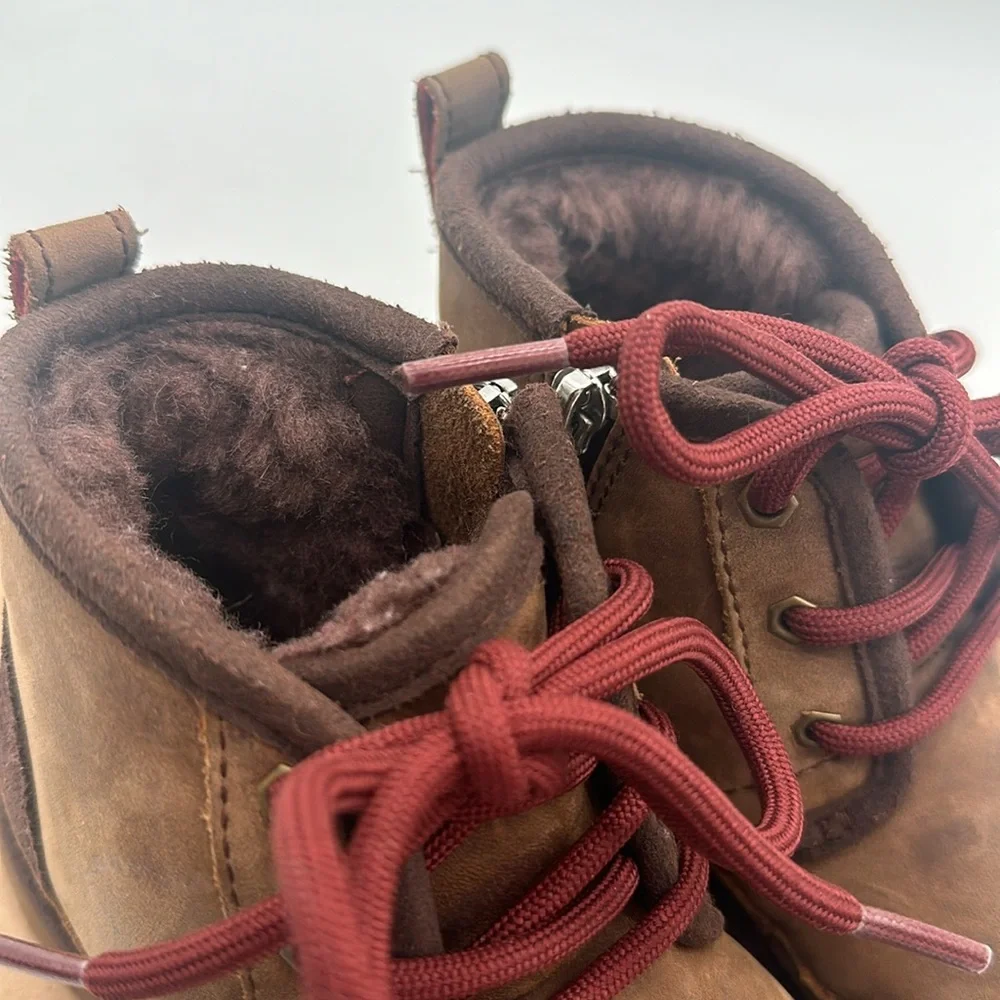 UGG Kids Brown Lace-Up Waterproof Boots with Burgundy Laces