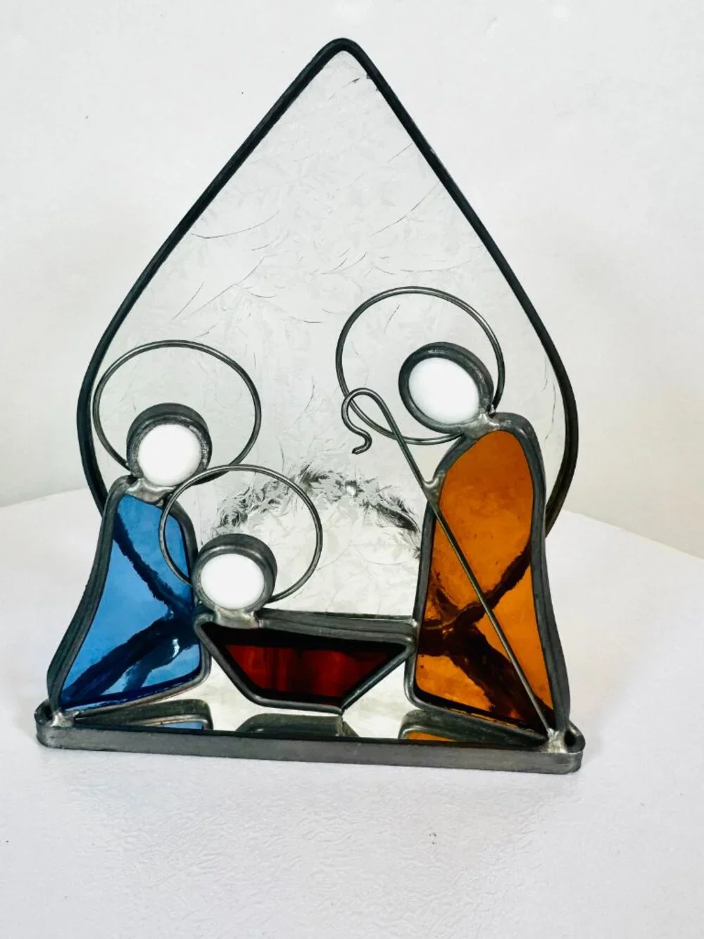 Vtg Stained Glass Angels & Nativity Tealight Candle holder 5.5