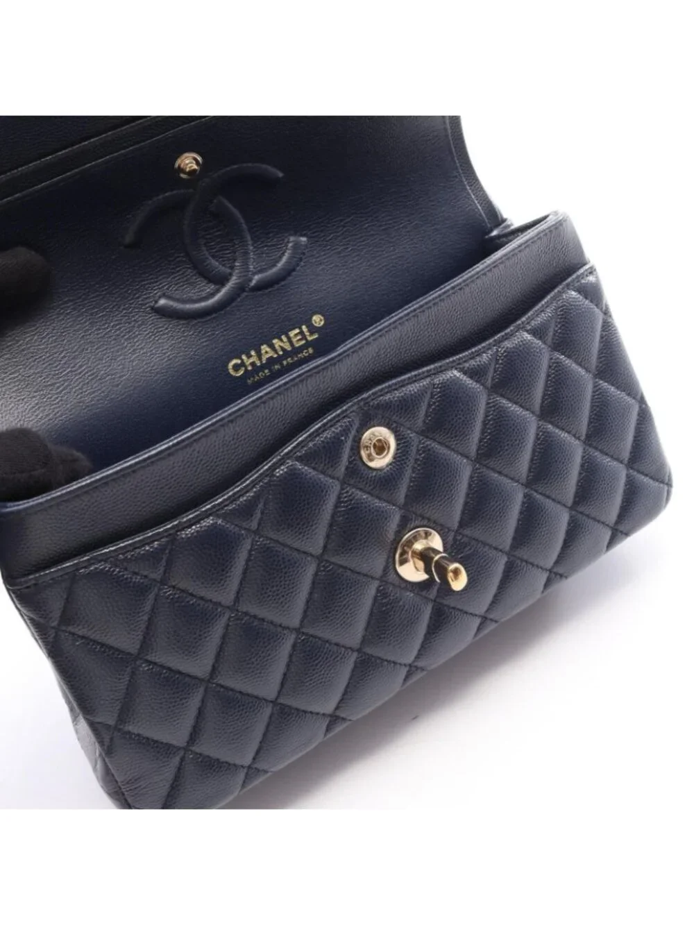 Chanel Shoulder Bag Quilted Double Flap Navy Caviar Leather Chain