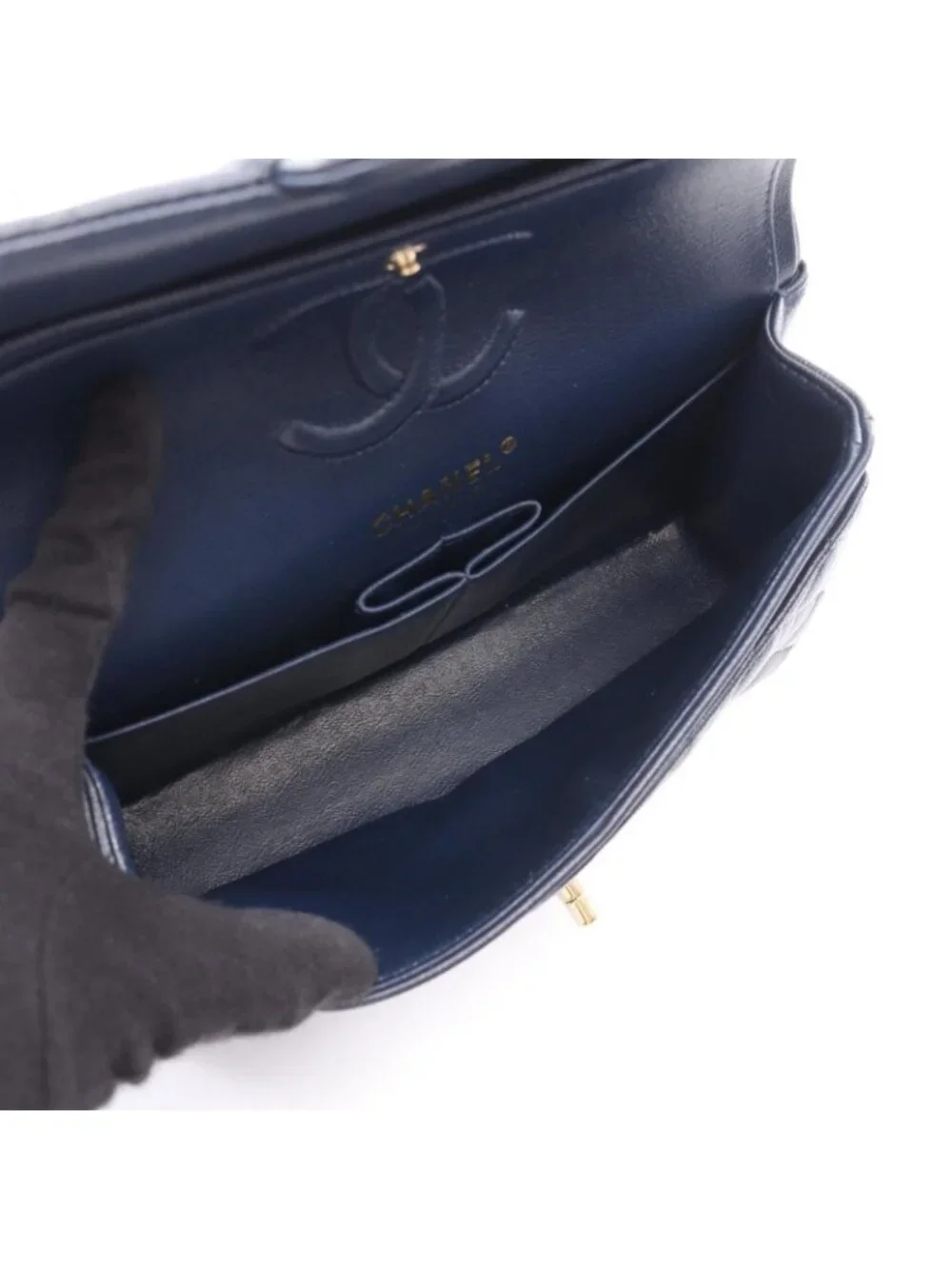 Chanel Shoulder Bag Quilted Double Flap Navy Caviar Leather Chain