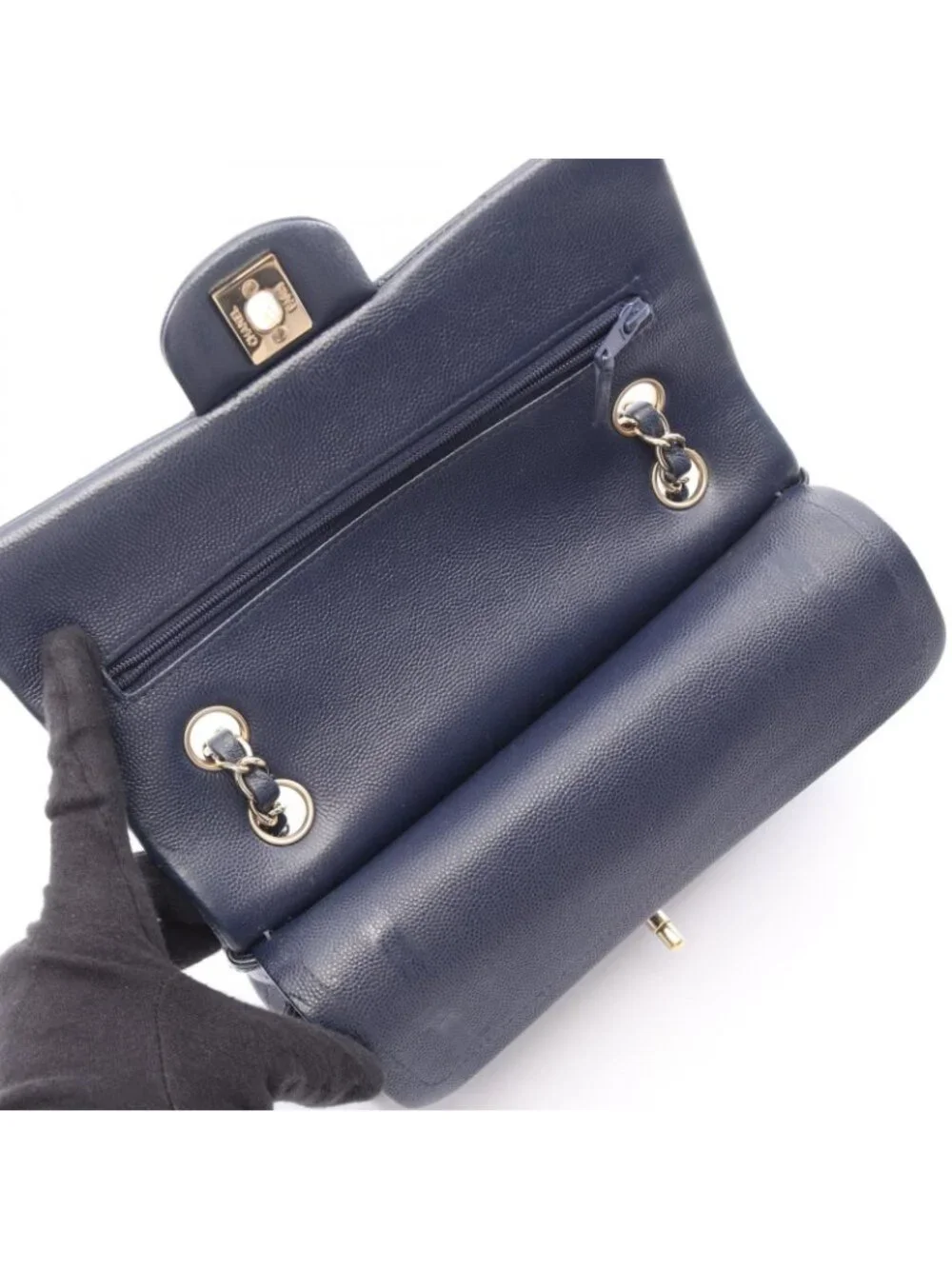 Chanel Shoulder Bag Quilted Double Flap Navy Caviar Leather Chain