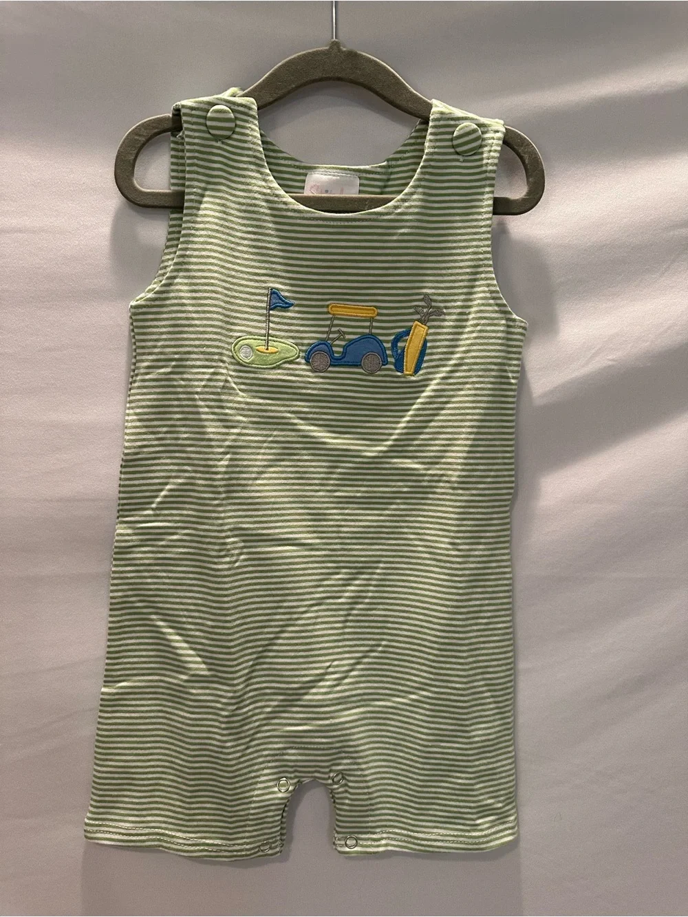 Green Striped Kids Romper - Golf Cart Applique
