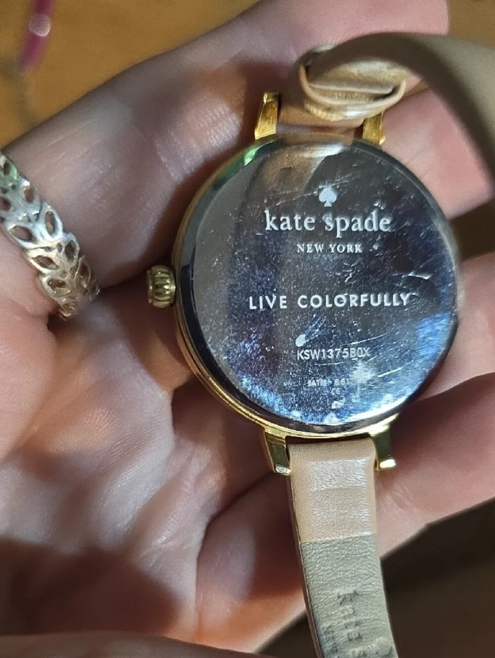 kate spade Black Floral Dial Watch with Cream Strap and Gold Case