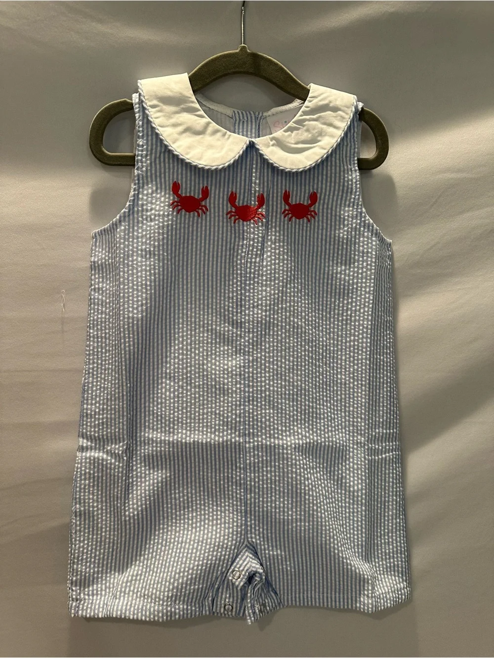 Blue & White Seersucker One-Piece with Red Crab Embroidery