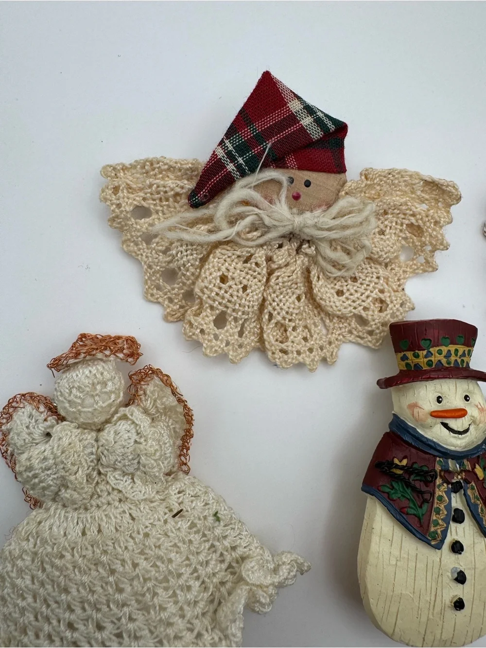 Title  Vintage Christmas Brooch Pin Lot Snowman Santa Tree Crochet Angel Holiday
