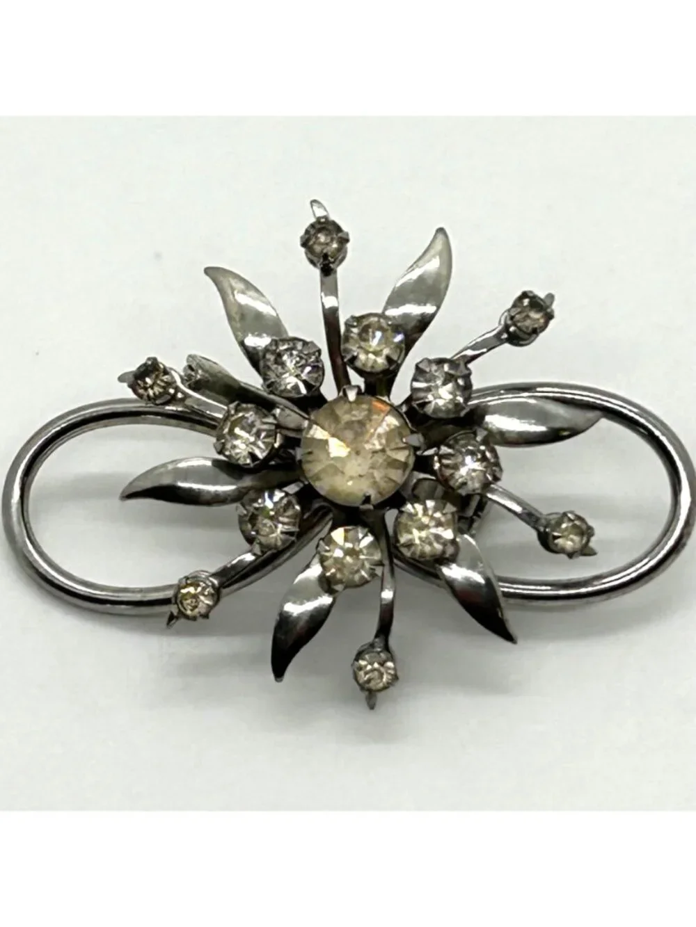 Vintage Clear Rhinestone Brooch Infinity Starburst Floral Pin Silver-tone MCM