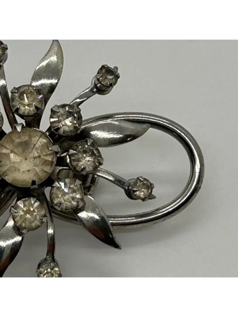 Vintage Clear Rhinestone Brooch Infinity Starburst Floral Pin Silver-tone MCM
