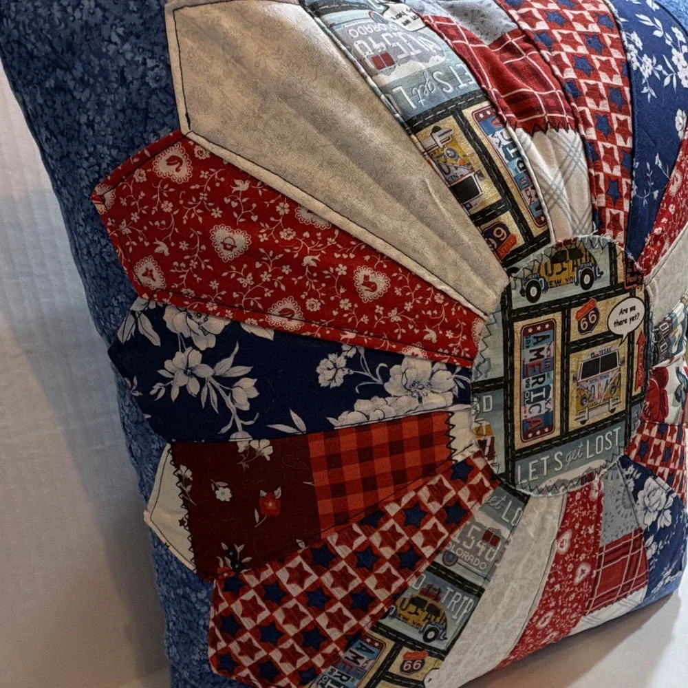 Handcrafted Square Dresden Plate Patchwork Route 66 Patriotic pillow Multicolor