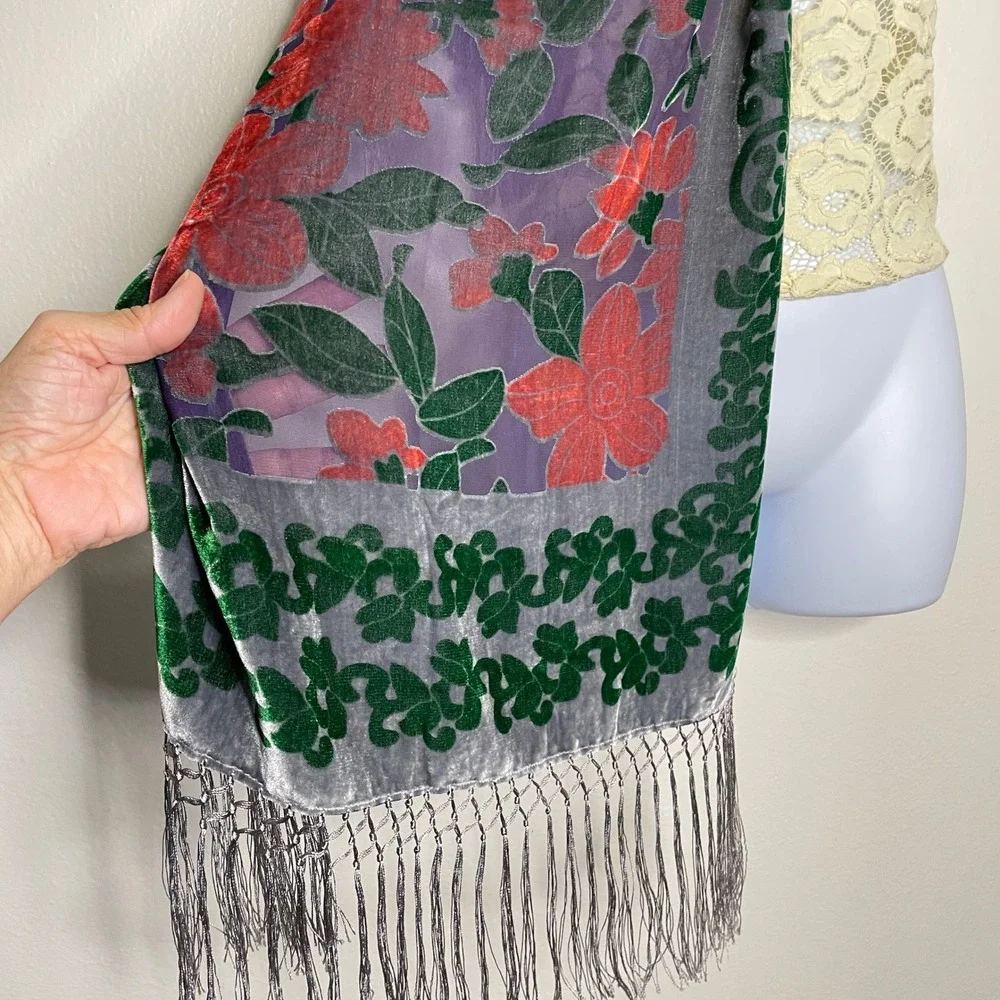 Burnout Velvet 100% Scarf OS Grey Red Floral Fringe Whimsigoth Shawl Wrap