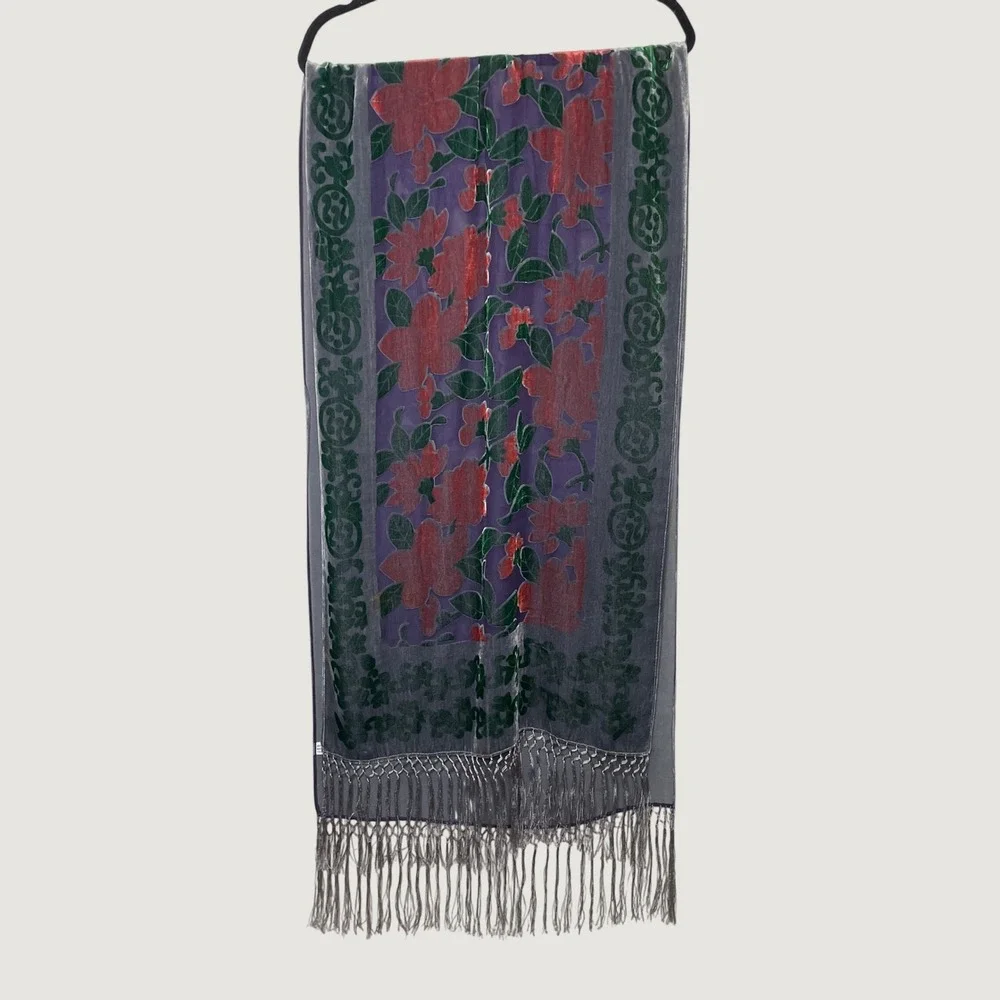 Burnout Velvet 100% Scarf OS Grey Red Floral Fringe Whimsigoth Shawl Wrap