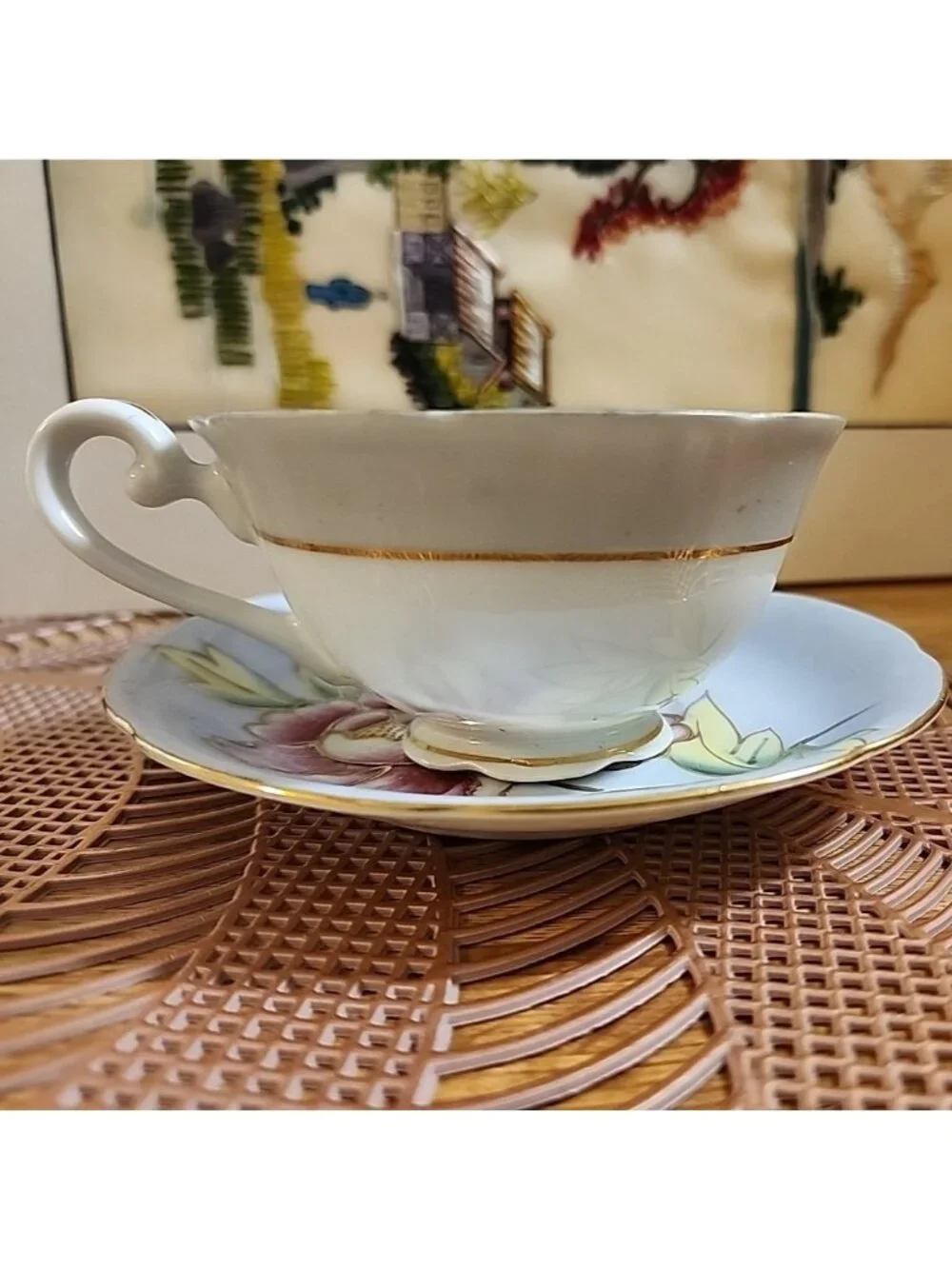 Hand Painted Gold Tea Cup & Saucer Set Vintage Bone China Blue Pink Porcelain