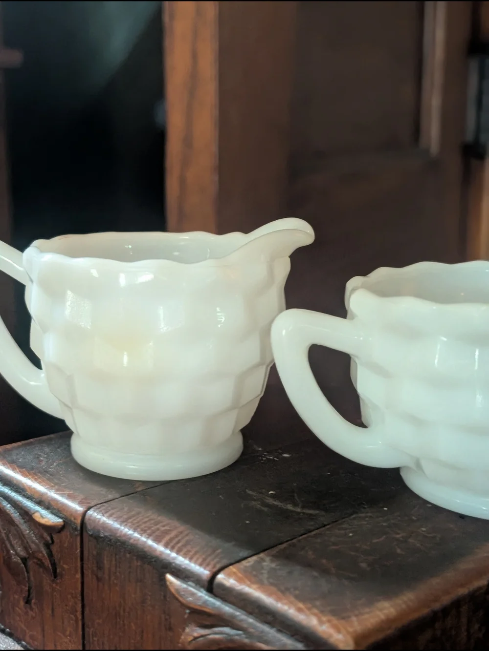 Vintage Jeanette Vintage Milk Glass Cream and Sugar Geometric EUC