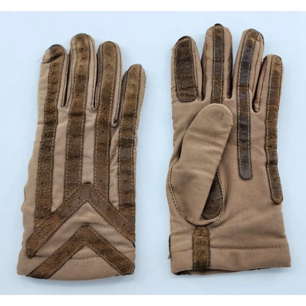 VTG Aris Isotoner Tan Women‎ Fleece Lined Gloves Suede Brown Trim Warm Ups Large