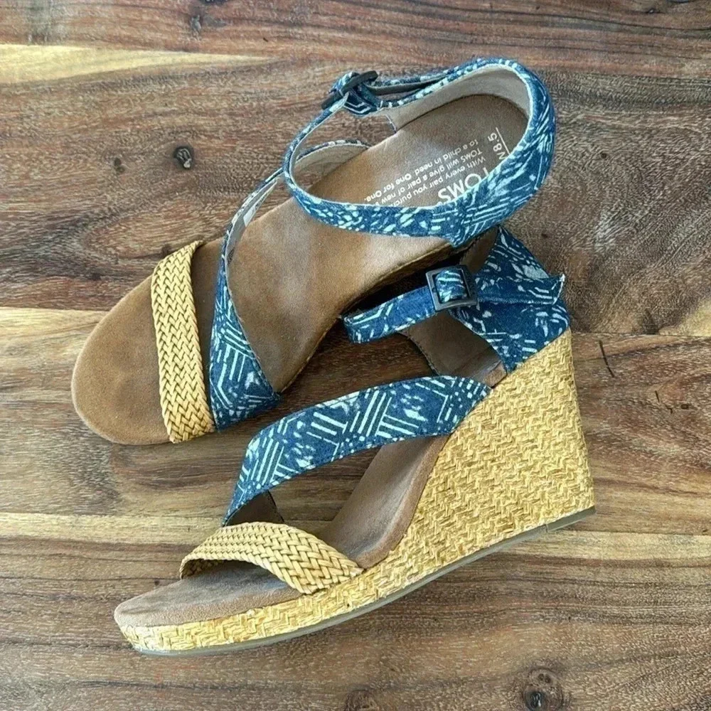 Toms Wedges Rattan & Blue 8.5