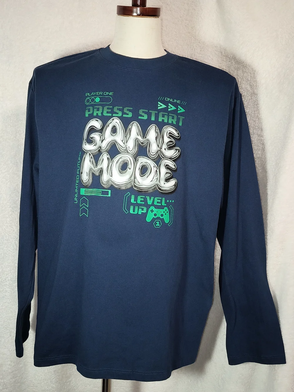 Navy Blue Press Start 'Game Mode' Graphic Long-Sleeve Tee.   KS 30
