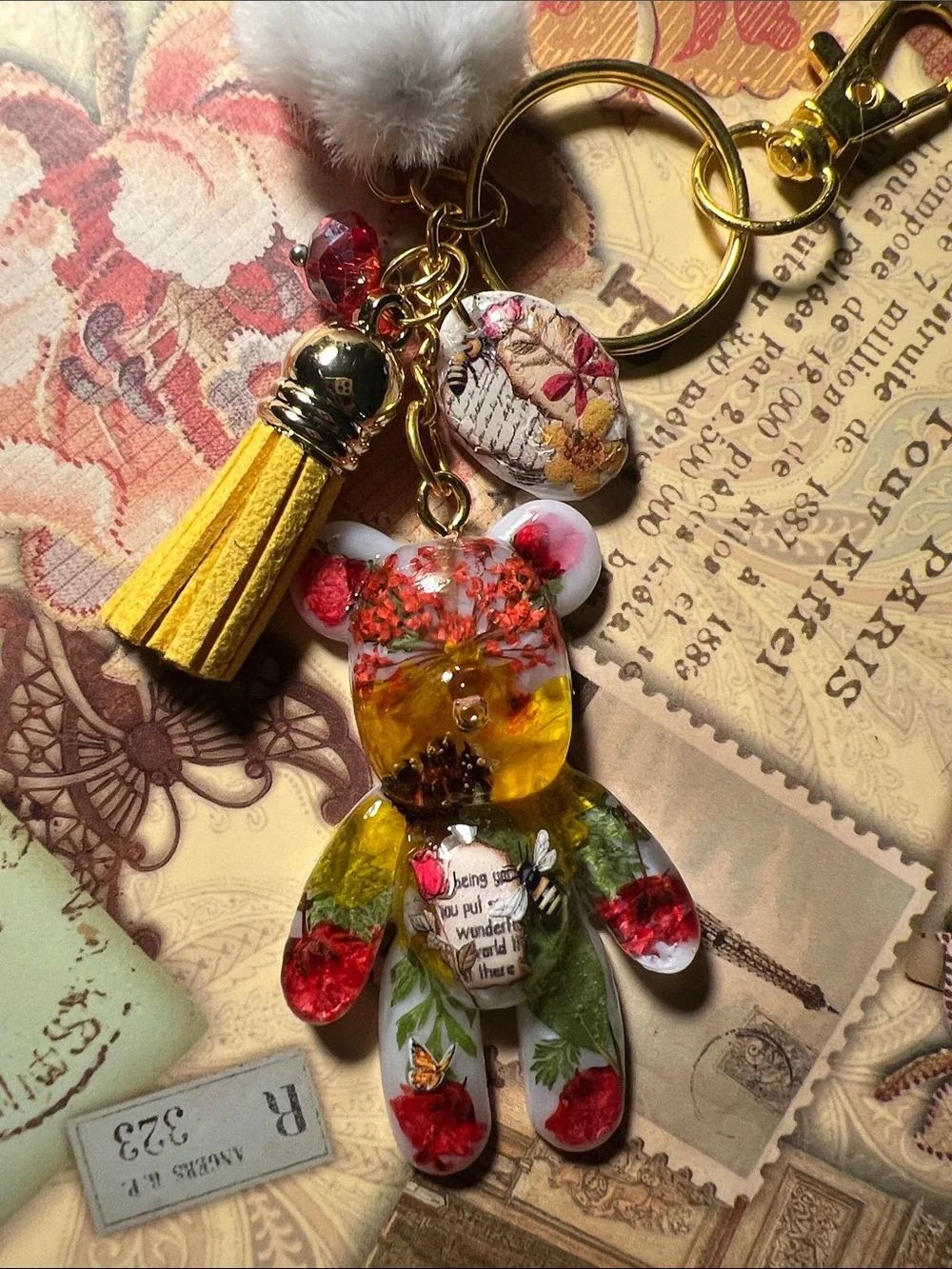 Handmade Yellow Floral Bear Keychain, backpack or purse charm