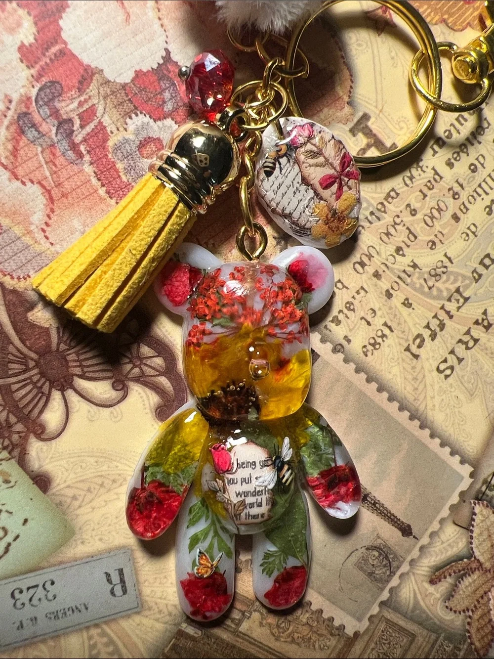 Handmade Yellow Floral Bear Keychain, backpack or purse charm