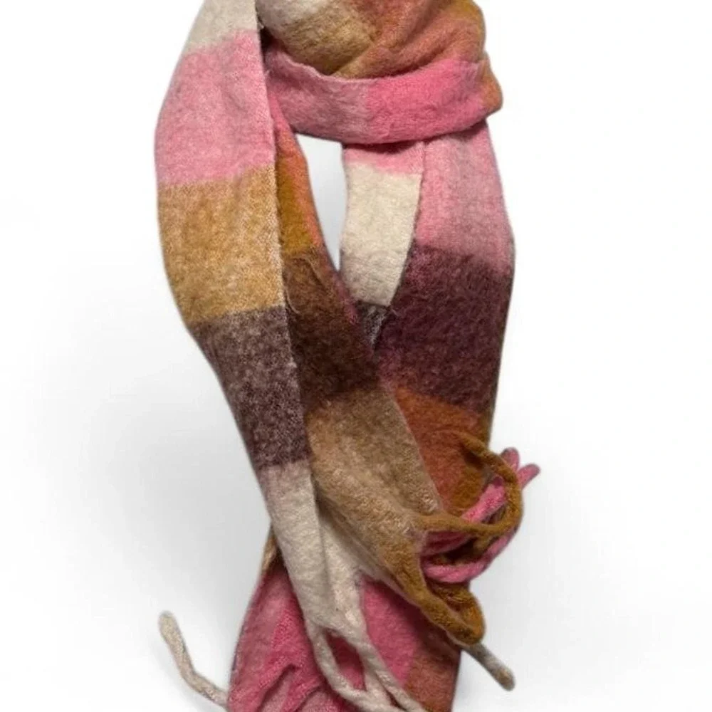 Next Pink Brown Plaid Blanket Scarf Oversized Fuzzy Knit Fringe
