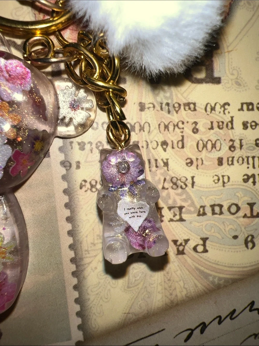 Pink Floral Resin Bear Keychain, backpack or purse charm.