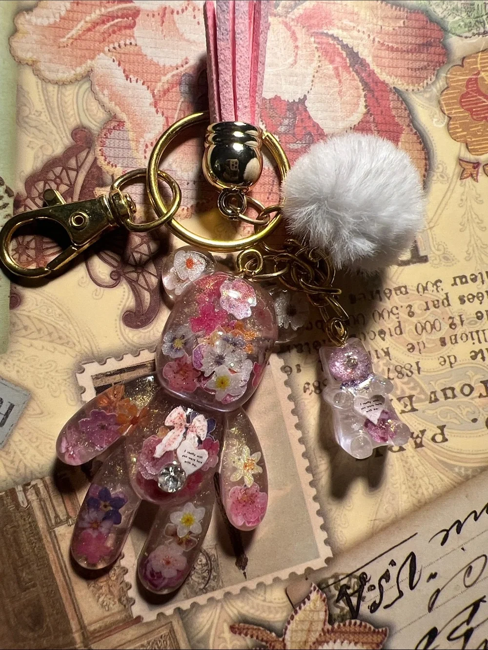 Pink Floral Resin Bear Keychain, backpack or purse charm.
