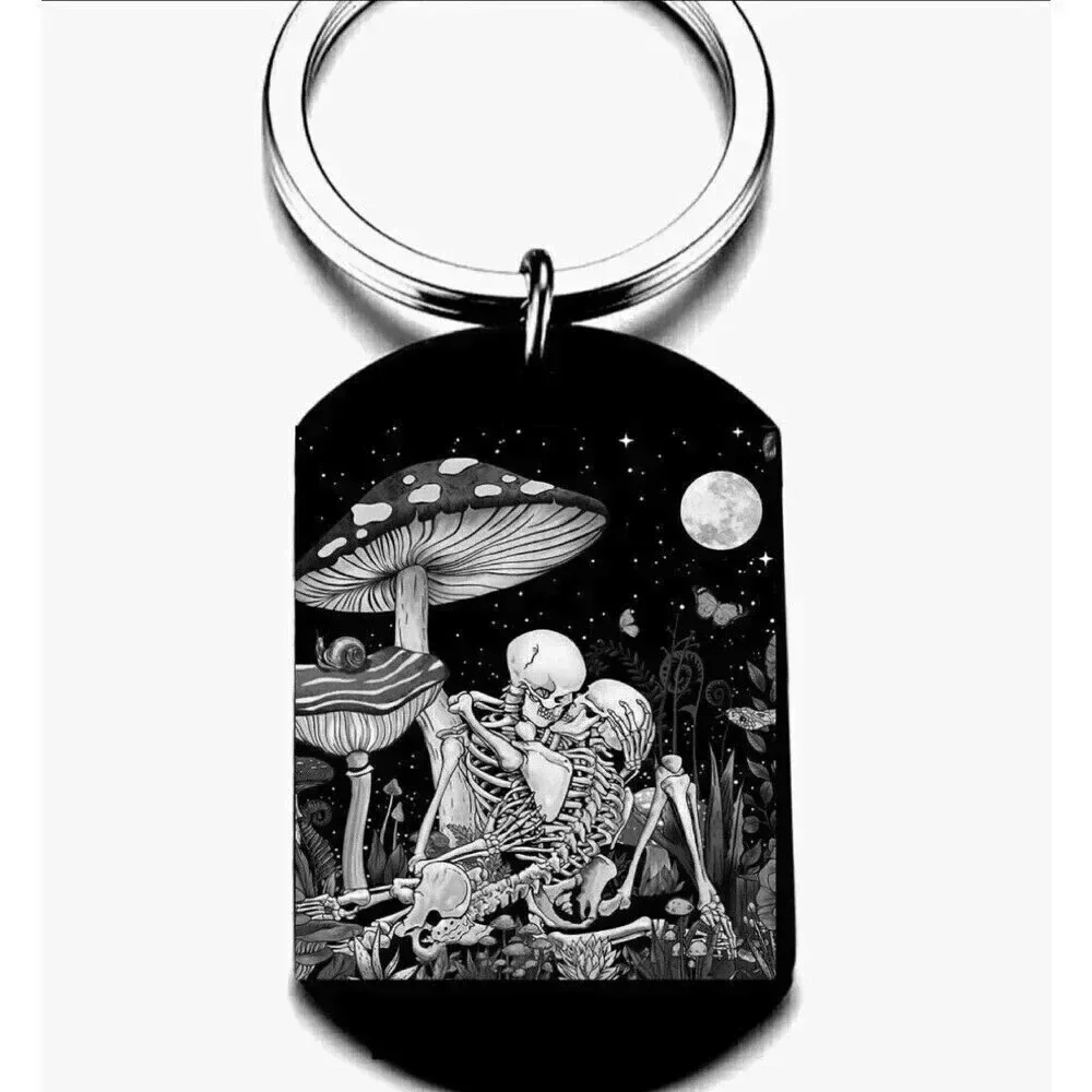 Skelton Lovers Kissing Mushroom Moon Art Hot Cute Keychain
