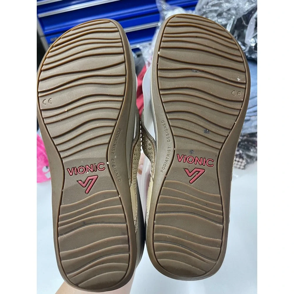 Vionic High Tide Tan Champagne Studded Orthotic Wedge Sandals Womens 9