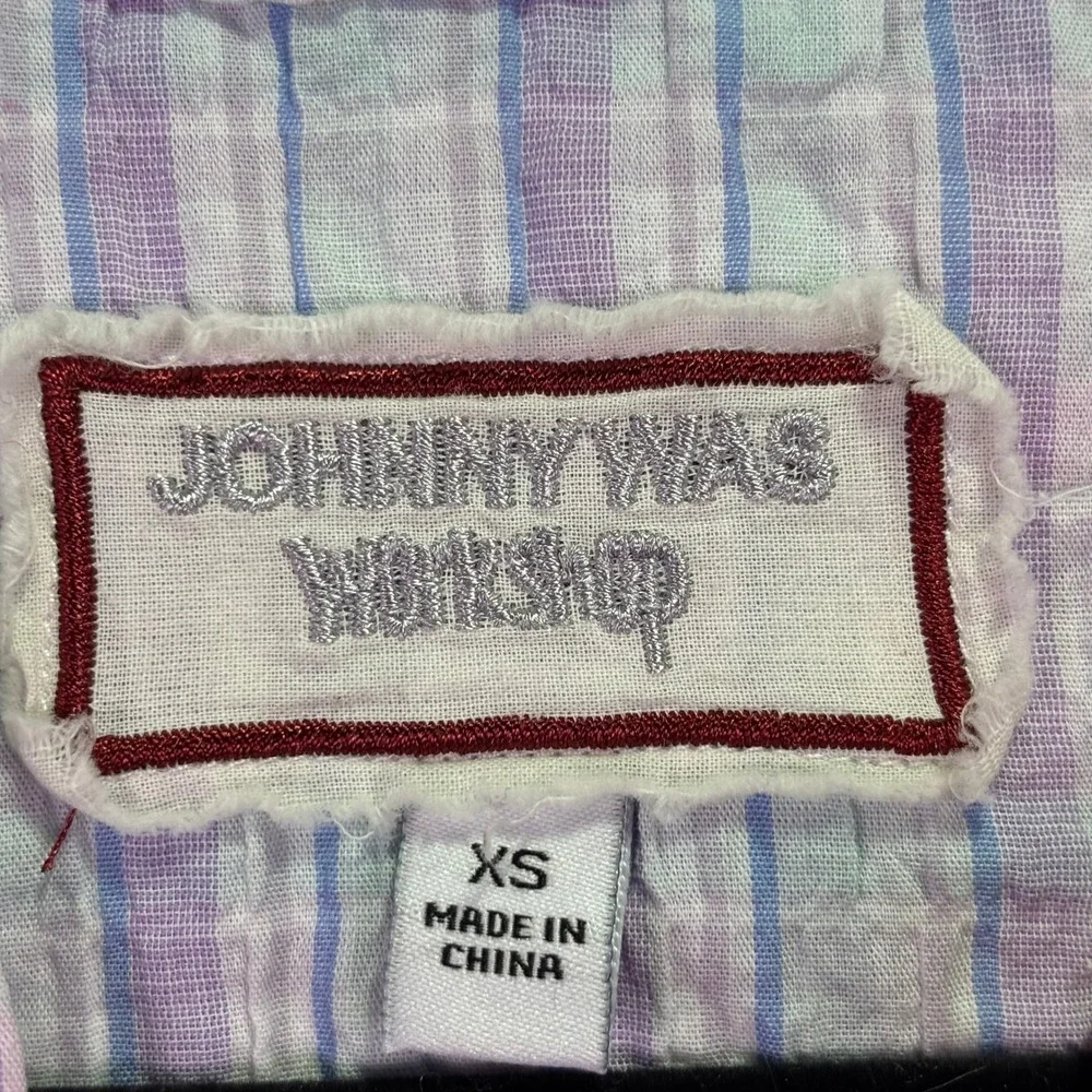 Johnny Was Womens Blouse Sz XS Purple Plaid Embroidered Hummingbird Puff Sleeve