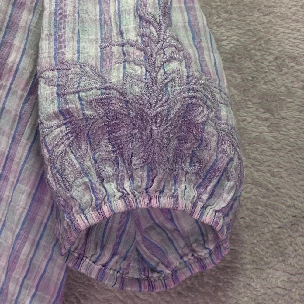 Johnny Was Womens Blouse Sz XS Purple Plaid Embroidered Hummingbird Puff Sleeve