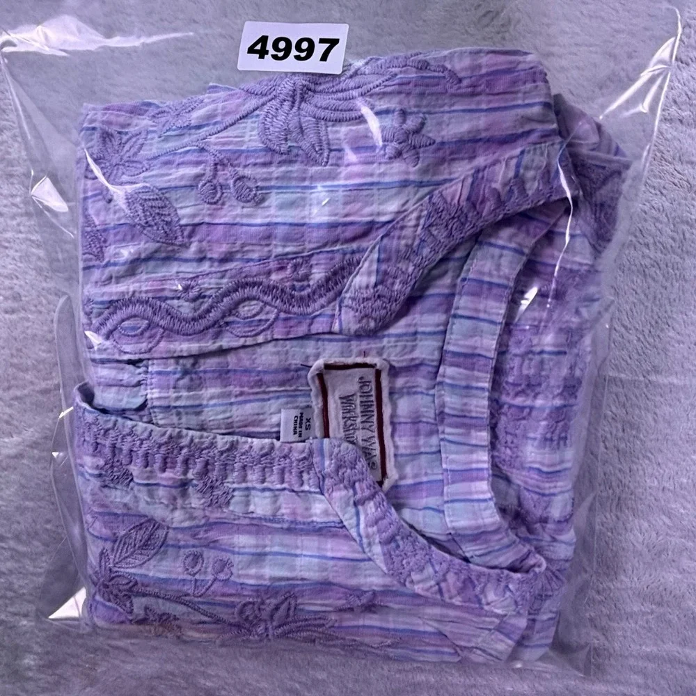 Johnny Was Womens Blouse Sz XS Purple Plaid Embroidered Hummingbird Puff Sleeve