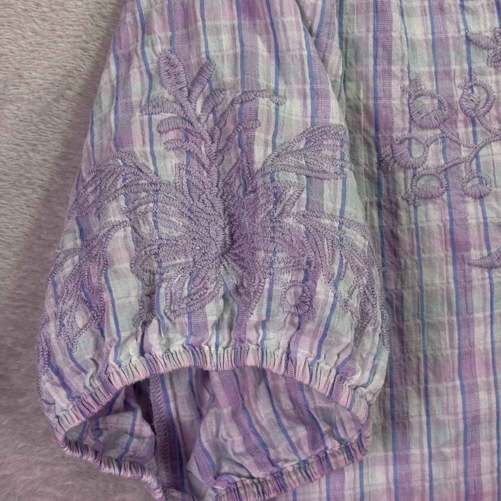 Johnny Was Womens Blouse Sz XS Purple Plaid Embroidered Hummingbird Puff Sleeve
