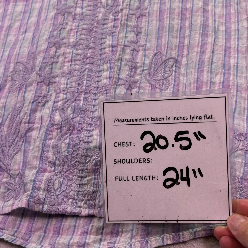 Johnny Was Womens Blouse Sz XS Purple Plaid Embroidered Hummingbird Puff Sleeve