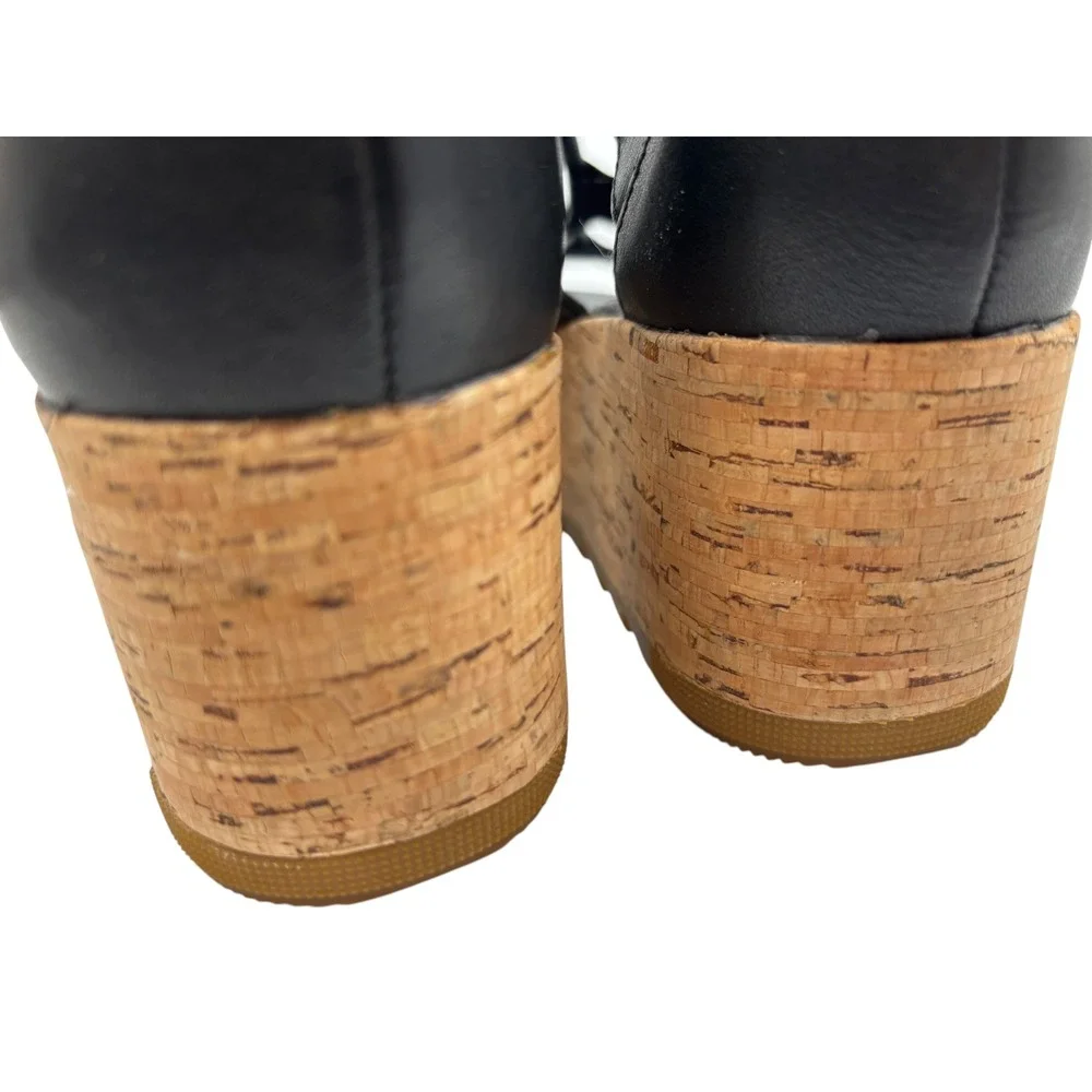 Sorel Joanie II Lace Black Leather Cork Platform Wedge Gladiator Sandals 8.5