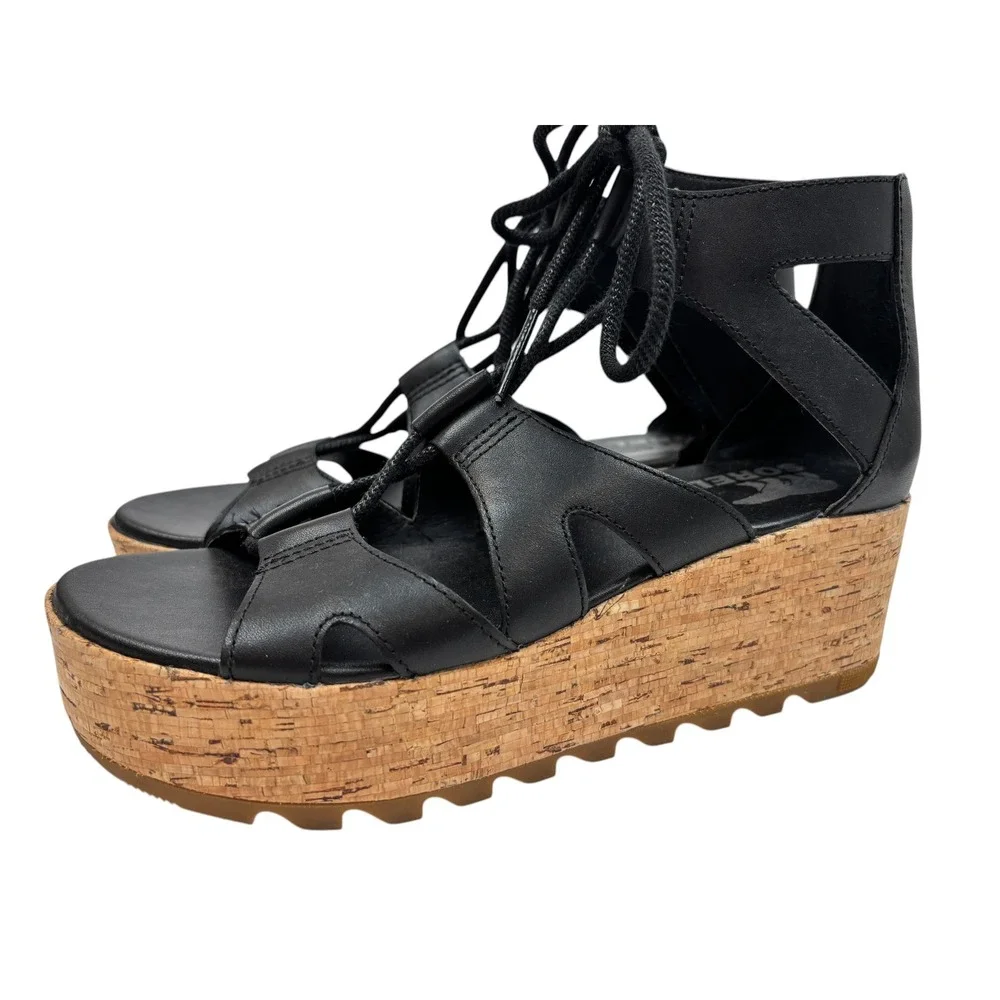 Sorel Joanie II Lace Black Leather Cork Platform Wedge Gladiator Sandals 8.5