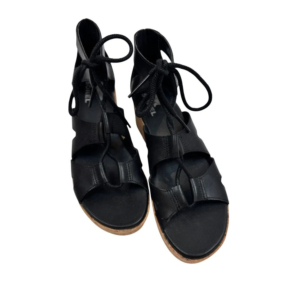 Sorel Joanie II Lace Black Leather Cork Platform Wedge Gladiator Sandals 8.5