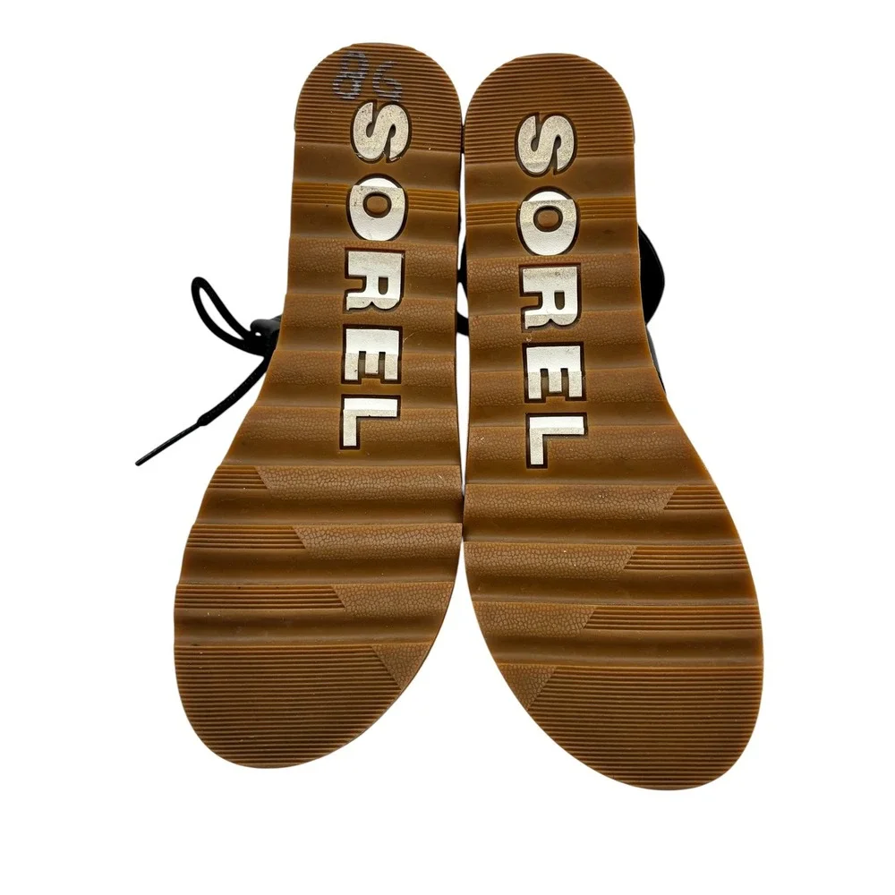 Sorel Joanie II Lace Black Leather Cork Platform Wedge Gladiator Sandals 8.5
